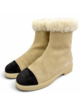 Chanel Suede Leather CC Logo Back Zip Shearling Ankle Boots Short